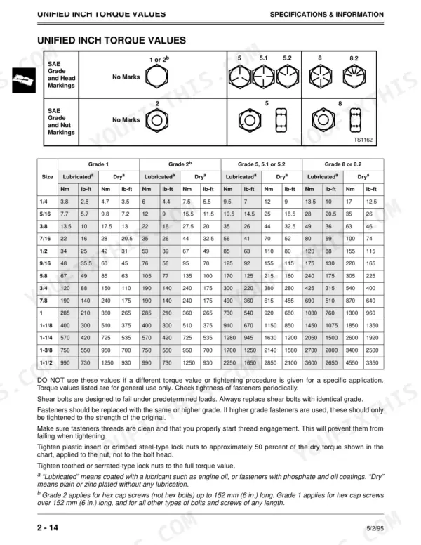 John Deere 8A, 10, 10A, 40, 44, 51, 52, 60, 67, 70, 70A, 365, 375, 380, 380A, 390 unified inch torque values chart and bolt markings.