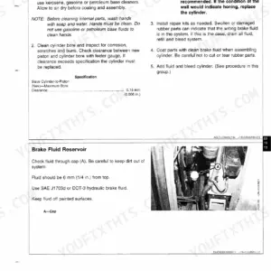 John Deere 9540 WTS-9680 WTS/CWS brake cylinder repair procedures, bore clearance specs, and brake fluid reservoir check instructions.