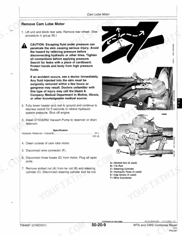 John Deere 9540 WTS-9680 WTS/CWS: Procedure to remove cam lobe motor, including hydraulic hose and steering cylinder diagrams.