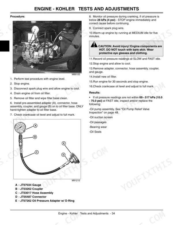 John Deere GT225, GT235, GT235E, GT245 Kohler engine oil pressure test procedure, gauge setup diagrams, and troubleshooting steps.