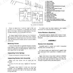 John Deere JD310 exploded view diagram of rocker arm assembly, valve components, and cylinder head inspection procedures.