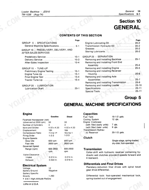 John Deere JD310 technical manual section 10 table of contents and general machine specifications for engine, capacities, and drivetrain.