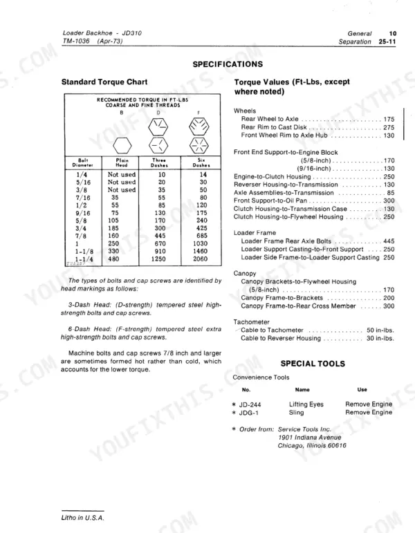 John Deere JD310 standard torque chart, bolt head markings, and component torque specifications table.
