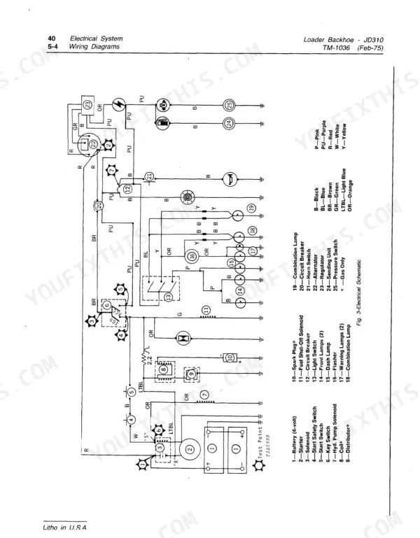 John Deere JD310 electrical system wiring diagram showing battery, starter, alternator, and component legend.