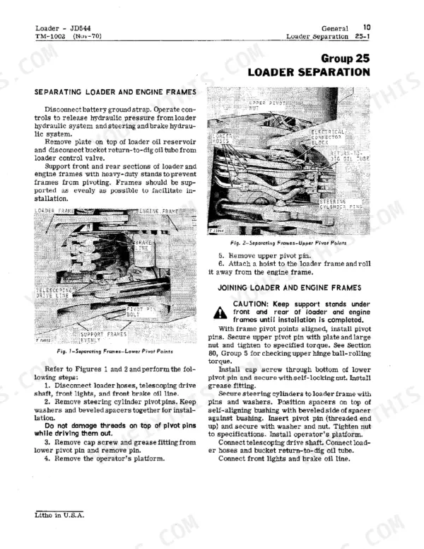 John Deere JD544 / 544-A service manual procedures for separating and joining loader and engine frames with pivot point diagrams.