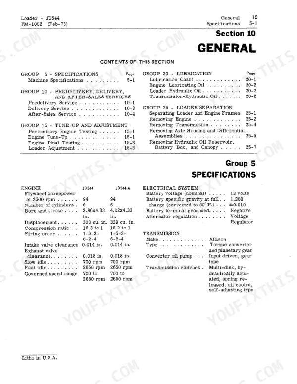 John Deere JD544 / 544-A service manual section 10 table of contents and engine, electrical, and transmission specifications.