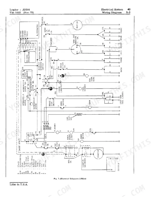 John Deere JD544 / 544-A electrical system wiring diagram showing alternator, starter, lights, and wiper circuits.