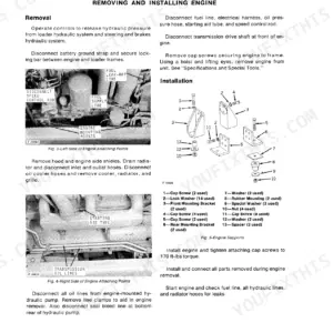 John Deere JD646 engine removal and installation procedure with diagrams of engine mounting points and support components.