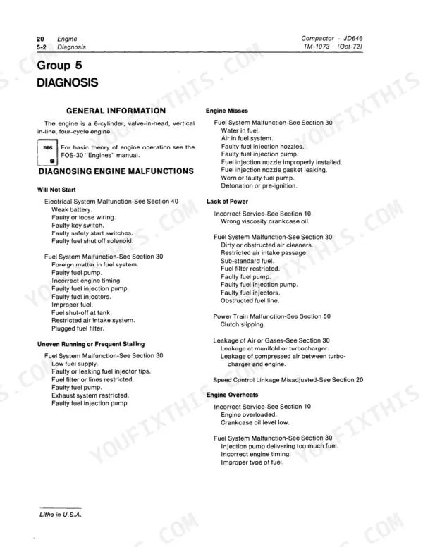 John Deere JD646 engine troubleshooting guide for starting, stalling, missing, power loss, and overheating issues.