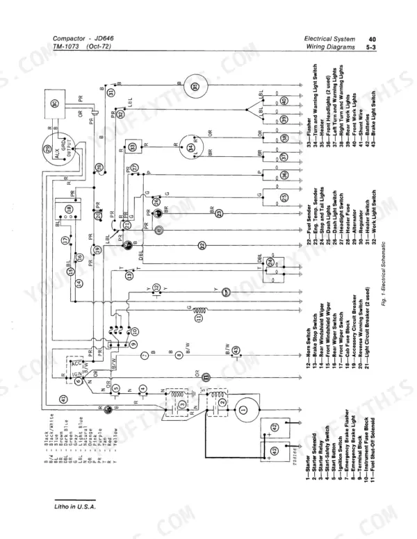 John Deere JD646 compactor electrical system wiring diagram showing components 1-43 including starter, alternator, and light switches.
