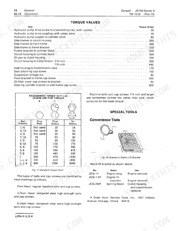 John Deere JD760 Series-A torque values table for engine, clutch, and frame components plus standard bolt torque chart.