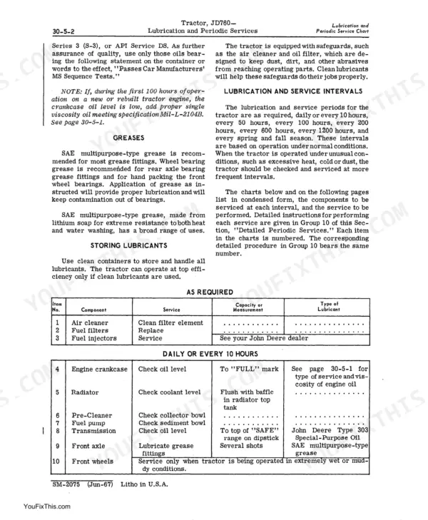 John Deere JD760 maintenance manual page showing lubrication and service interval tables for daily and as-required tasks.