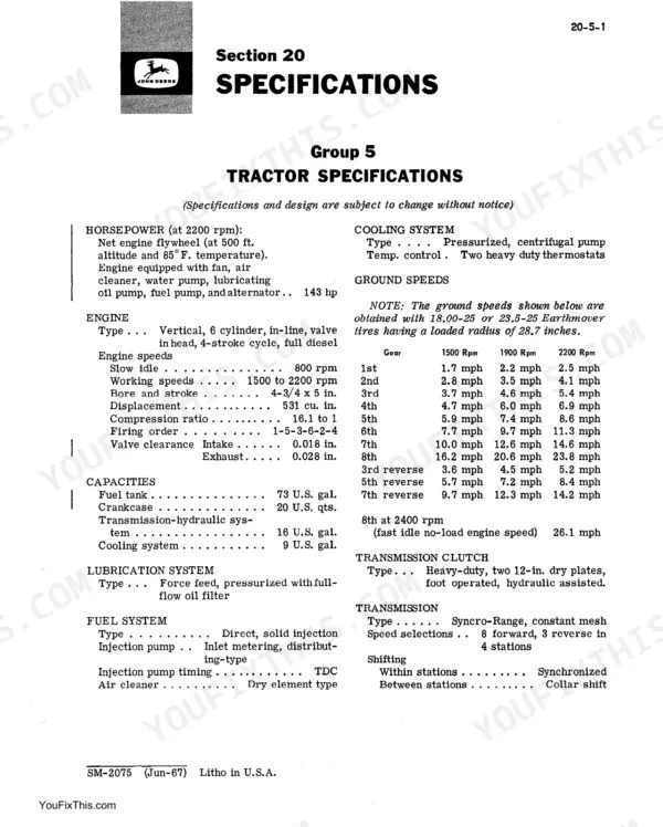 John Deere JD760 tractor specifications table including engine, ground speeds, capacities, fuel, and transmission data.