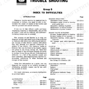 John Deere JD760 troubleshooting index page listing brake, clutch, electrical, and engine system failure symptoms.