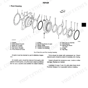John Deere JD770 exploded view diagram of the final drive and pivot housing assembly with numbered parts list and cleaning instructions.