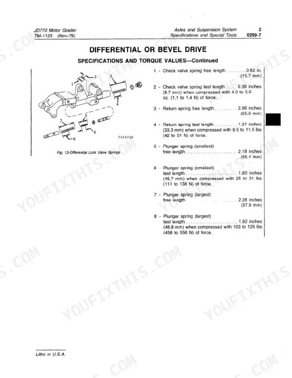 John Deere JD770 differential lock valve springs diagram and spring specifications table for check, return, and plunger springs.