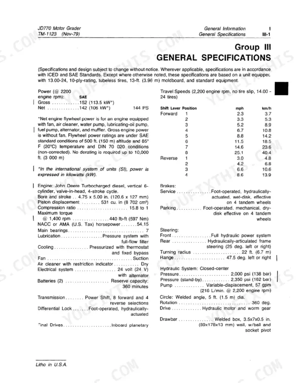 John Deere JD770 motor grader general specifications table including engine power, travel speeds, hydraulic system, and steering data.