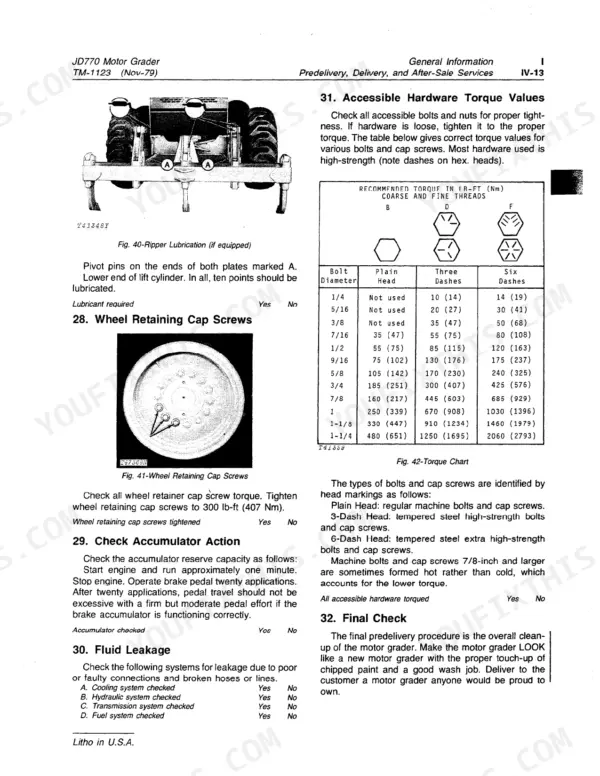 John Deere JD770 torque chart for accessible hardware and procedures for ripper lubrication, wheel cap screws, and accumulator checks.