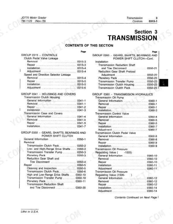 John Deere JD770 transmission section table of contents listing controls, housings, gears, shafts, and hydraulic components.