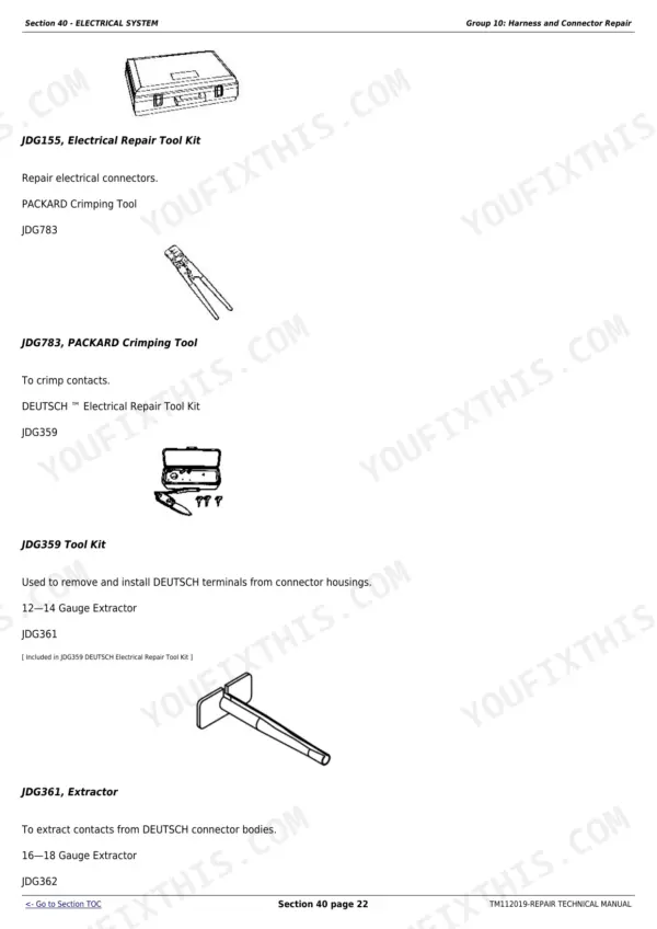 Electrical system service page from the John Deere S-Series combine repair manual