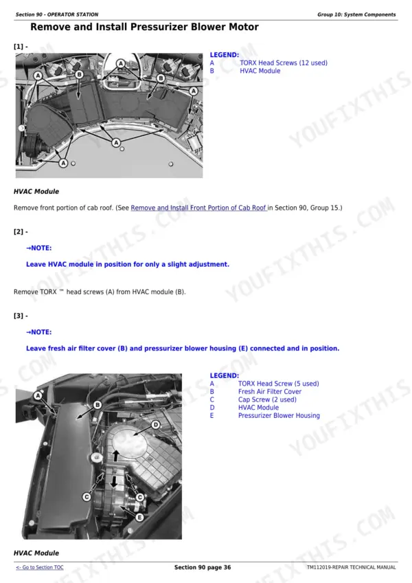 Operator station and cab service page from the John Deere S-Series combine repair manual
