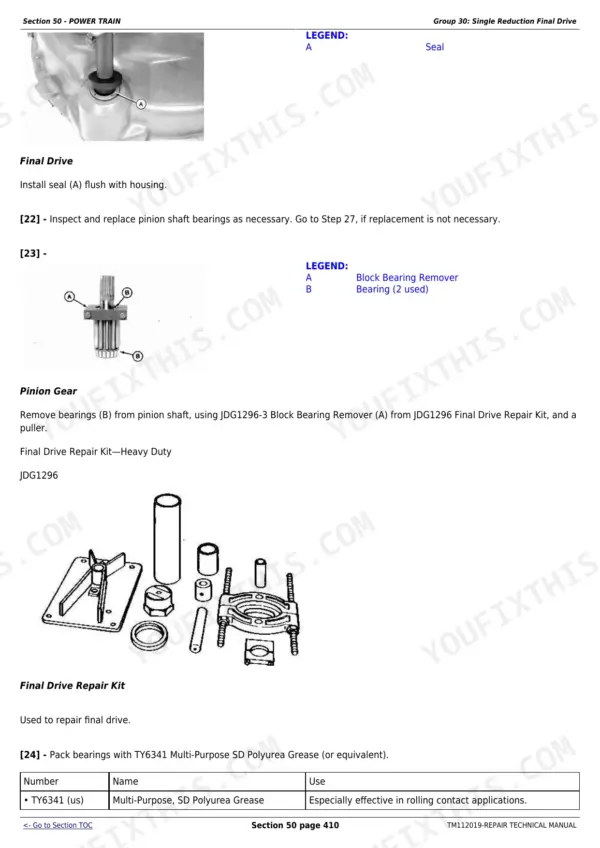 Power train service page from the John Deere S550 to S690 STS combine repair manual