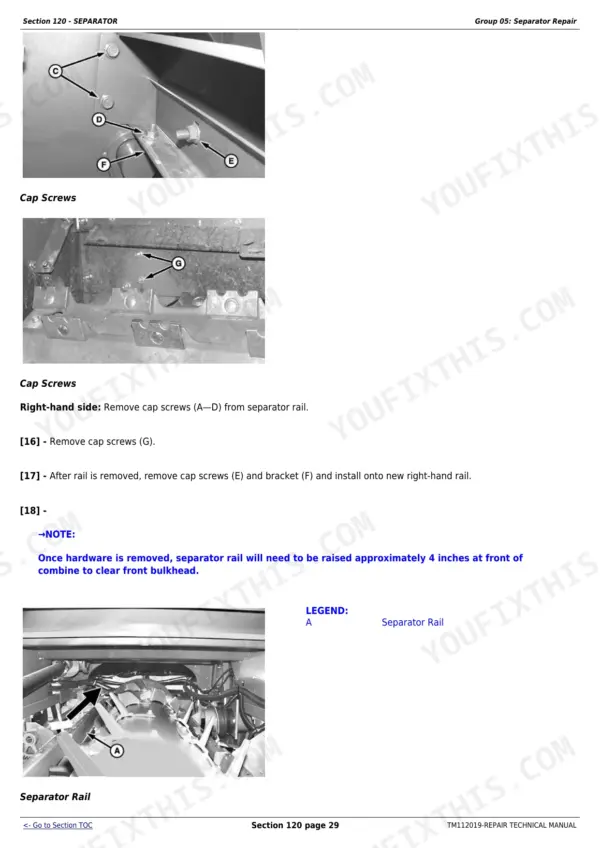Separator repair page from the John Deere S550 to S690 STS combine repair manual