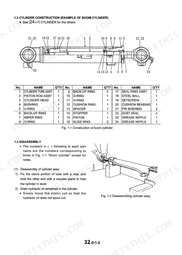Kobelco SK15MSR, SK16MSR boom cylinder construction diagram, parts list, and disassembly procedure.