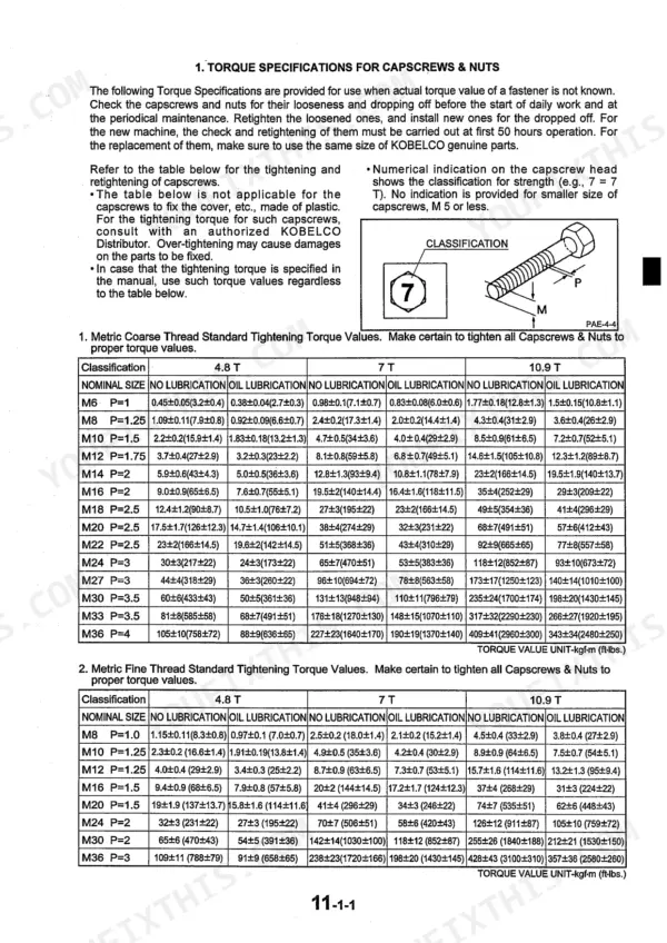 Kobelco SK15MSR, SK16MSR torque specification tables for metric coarse and fine thread capscrews and nuts with strength markings.