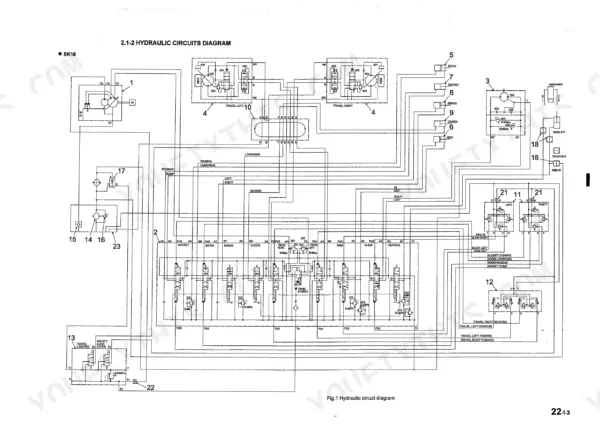 Kobelco SK16, SK17 hydraulic circuit diagram showing pump, control valve, travel motors, and cylinder connections.