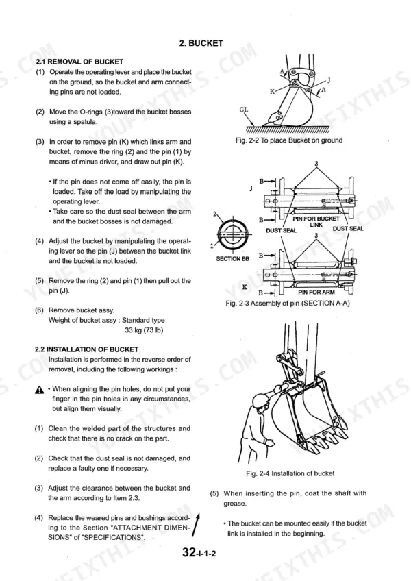Kobelco SK16, SK17 bucket removal and installation procedure with diagrams of bucket pins, dust seals, and assembly steps.