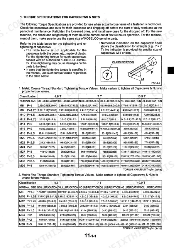 Kobelco SK16, SK17 torque specification tables for metric coarse and fine thread capscrews and nuts with bolt classification diagram.