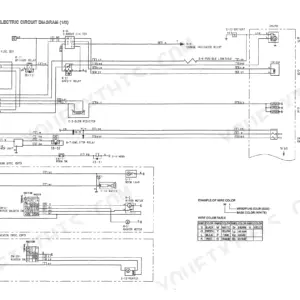 Kobelco SK16, SK17 electric circuit diagram showing battery, starter motor, glow plug, engine stop solenoid, and wire color table.