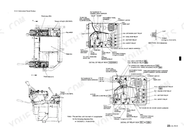 Kobelco SK25SR-2, 2/3TNE68, 3TNE74, 3TNE78A, 3TNE82A, 3/4TNE82, 3/4TNE84(T), 3/4TNE88 instrument panel wiring and relay box diagram.