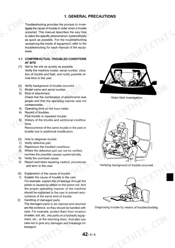 Kobelco SK25SR-2, 2/3TNE68, 3TNE74, 3TNE78A, 3TNE82A, 3/4TNE82, 3/4TNE84(T), 3/4TNE88 troubleshooting general precautions and procedures.