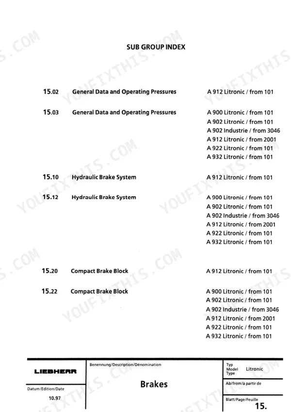 Brake group with general data, operating pressures, the hydraulic brake system and the compact brake block