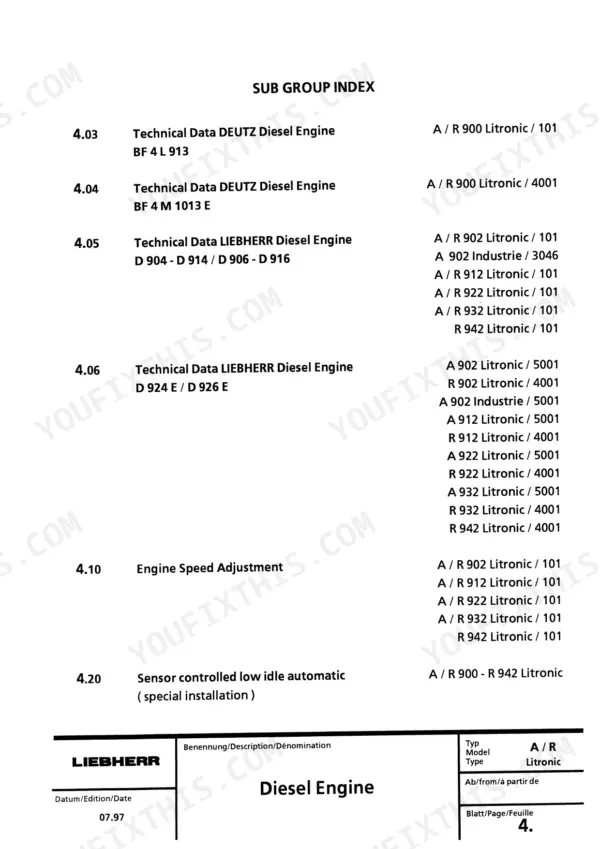 Diesel engine group opening listing technical data for the Deutz BF 4 L 913, Deutz BF 4 M 1013 E and Liebherr engines