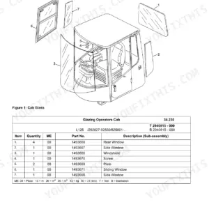 Link-belt L130 exploded view diagram and parts list for operator cab glass, windows, and mounting hardware.