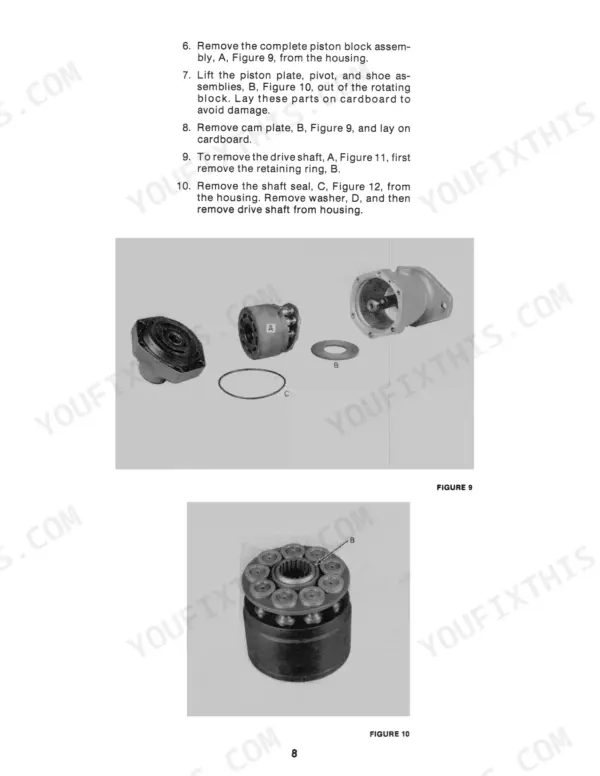 New Holland 114 service manual page showing piston block assembly, cam plate, and drive shaft removal procedures with diagrams.