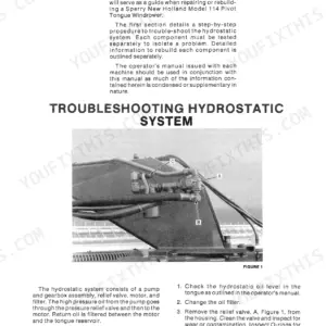 New Holland 114 service manual page showing hydrostatic system troubleshooting, relief valve components, and maintenance procedures.