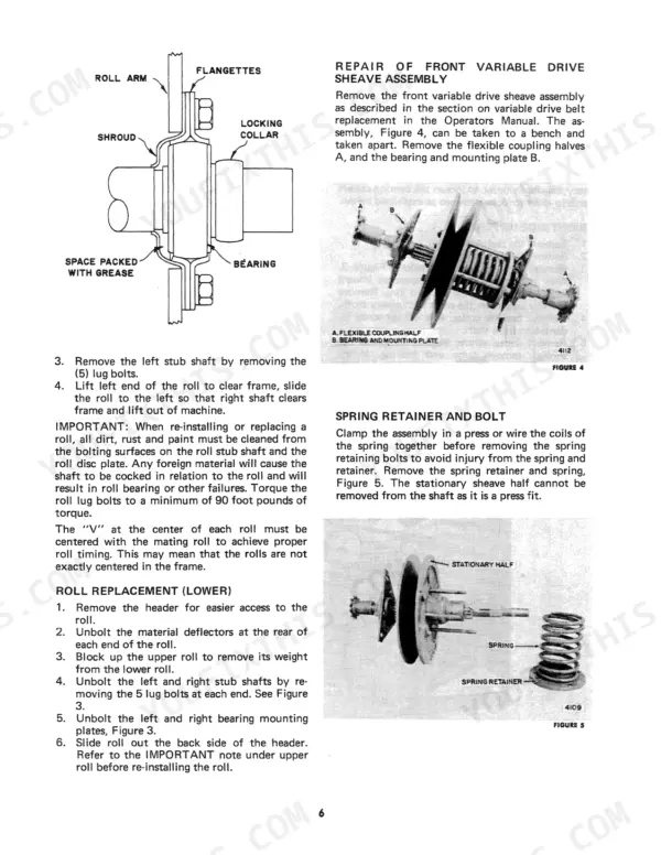 New Holland 1469 service manual page showing front variable drive sheave repair, roll replacement procedures, and component diagrams.