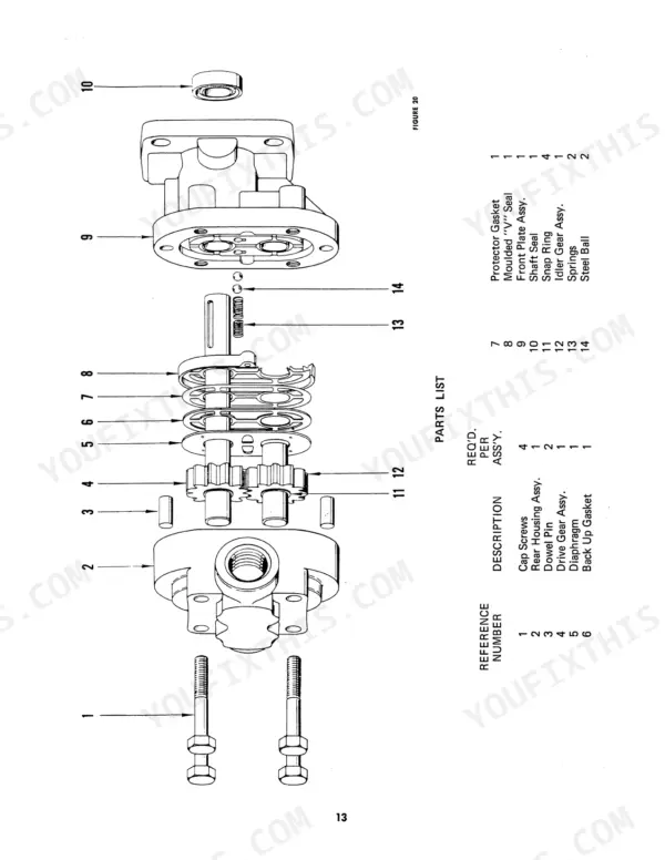New Holland 1469 exploded view of hydraulic pump assembly with numbered parts list including gears, seals, and housing components.