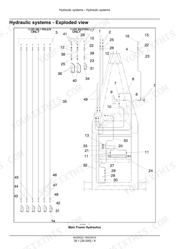Exploded view of the main frame hydraulics with numbered lines and fittings