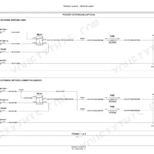 Power extension option wiring schematic showing relay, fuse and tractor battery wiring with wire gauge and color codes