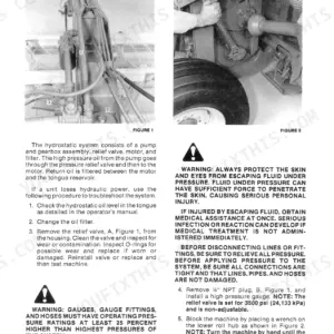 New Holland 499 hydrostatic system troubleshooting, relief valve removal, and pressure testing procedures with safety warnings.