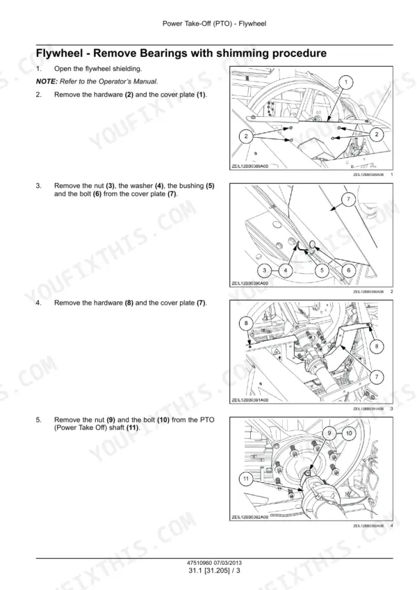 New Holland 870, 890, 1270, 1290, 330, 340, BigBaler 870-340: Flywheel bearing removal and shimming procedure with component diagrams.
