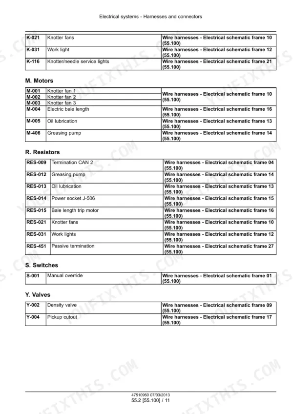 New Holland 870, 890, 1270, 1290, 330, 340, BigBaler 870-340 electrical harness and component schematic reference table.