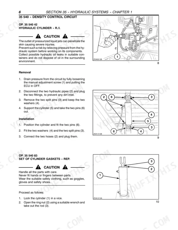 New Holland BB940, BB950, BB960 hydraulic cylinder removal, installation, and gasket replacement procedures and diagrams.