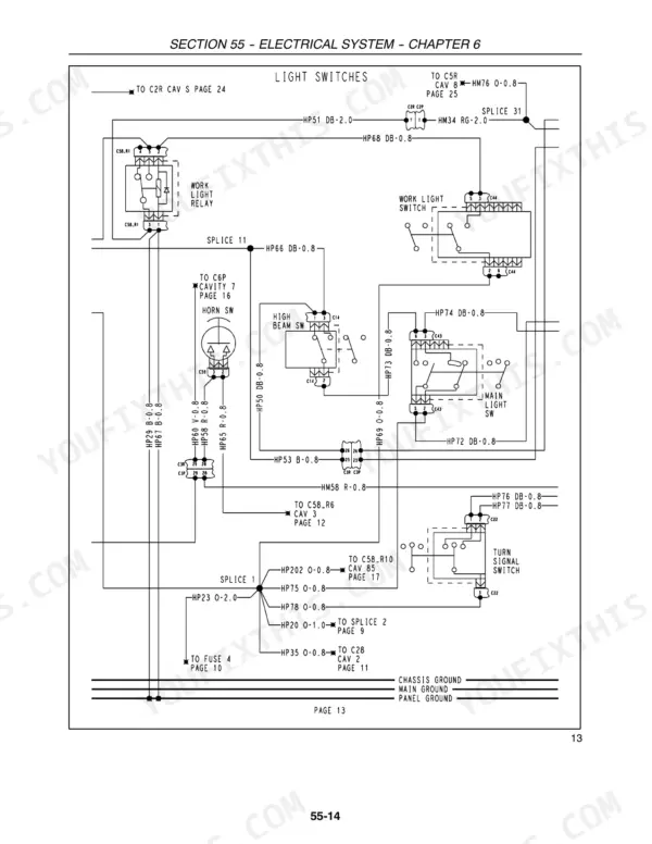 New Holland Boomer cab light switch wiring diagram with connector cavities and splices