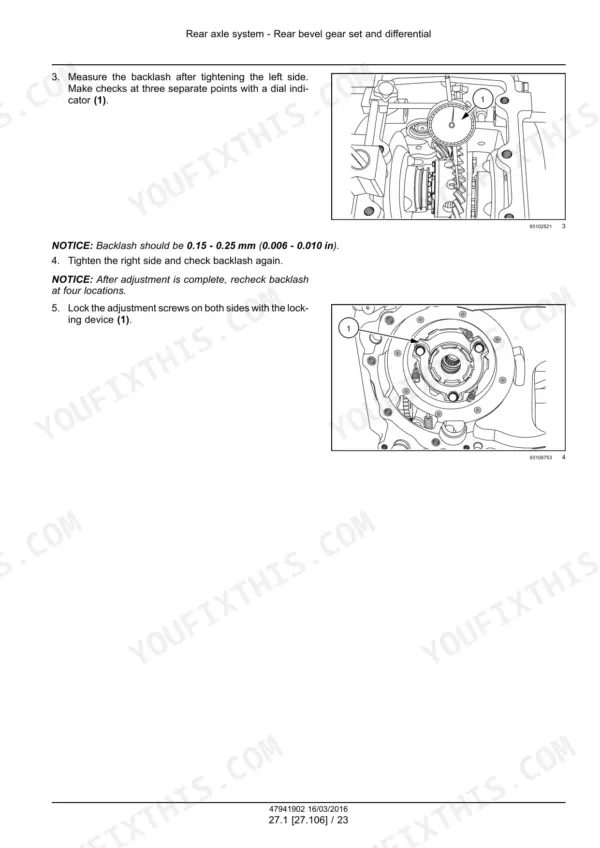 New Holland Boomer 41 47 rear axle bevel gear backlash adjustment with dial indicator and locking device